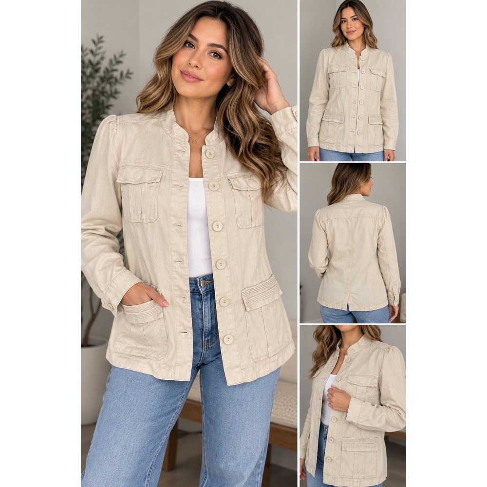 Calvin Klein Jeans Women Beige 100% Linen Utility Safari Jacket WF27J01 Large